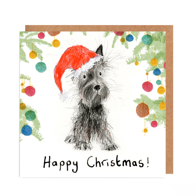 Illustrated dog Christmas card featuring a Scottish terrier wearing a Santa hat surrounded by christmas tree branches and shiny baubles, and a handwritten 'Happy Christmas!' message. 