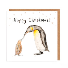 Load image into Gallery viewer, Square white Christmas card featuring watercolour and pencil illustration of a mother and baby penguin, surrounded by stars, and handwritten &#39;Happy Christmas!&#39; message.