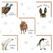 Load image into Gallery viewer, 5 Christmas cards in a discount bundle showing pheasants christmas card, donkey christmas card, highland cow christmas card, polar bear christmas card and penguin christmas card surrounded by snowflakes. 