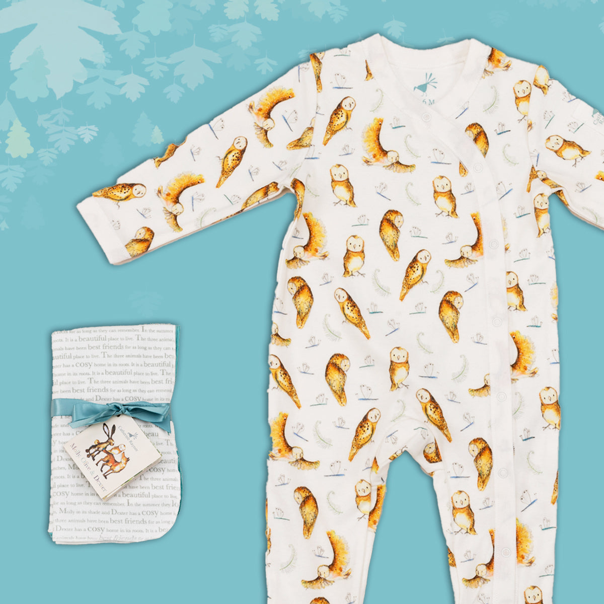 Baby gift set comprising a white babygrow featuring an illustrated repeat print of owls and dragonflies alongside matching dribble cloths tied in turquoise ribbon, on a blue backdrop with decorative  leaves. 