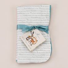 Load image into Gallery viewer, Two pack of Dribble Cloths tied in turquoise satin ribbon with a square mini story booklet featuring Molly hare, Olive Owl, and Dexter Fox.