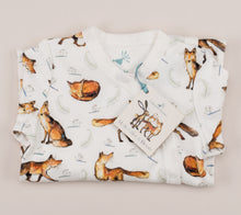 Load image into Gallery viewer, Dexter Fox print babygrow folded neatly, showing the illustrated label featuring a mini-story booklet about the three characters, Molly Hare, Olive Owl and Dexter Fox. 