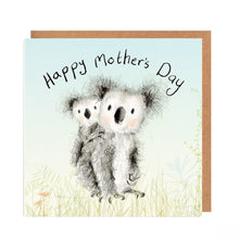 Load image into Gallery viewer, A Mother&#39;s Day Card featuring a watercolour pencil illustration of a mummy koala with a baby koala on her back on a tropical blue background with &#39;Happy Mother&#39;s Day&#39; handwritten in an arc above. 