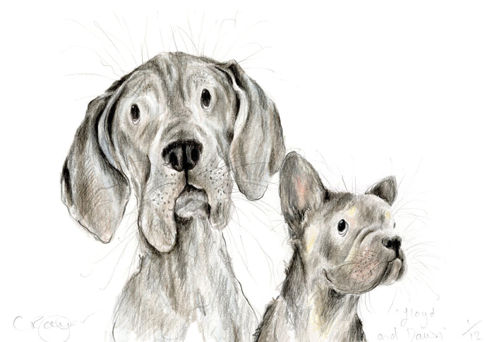 Great Dane and French Bulldog A5 Print