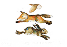 Load image into Gallery viewer, Giclee print featuring watercolour illustrations of a fox, an owl and a hare, the characters from Catherine Rayner&#39;s &#39;Molly, Olive and Dexter&#39; series. 