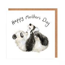 Load image into Gallery viewer, A Mother&#39;s Day card featuring a watercolour pencil illustration of a mummy panda holding a baby panda on her tummy, with a handwritten &#39;Happy Mother&#39;s Day&#39; message in an arc above.