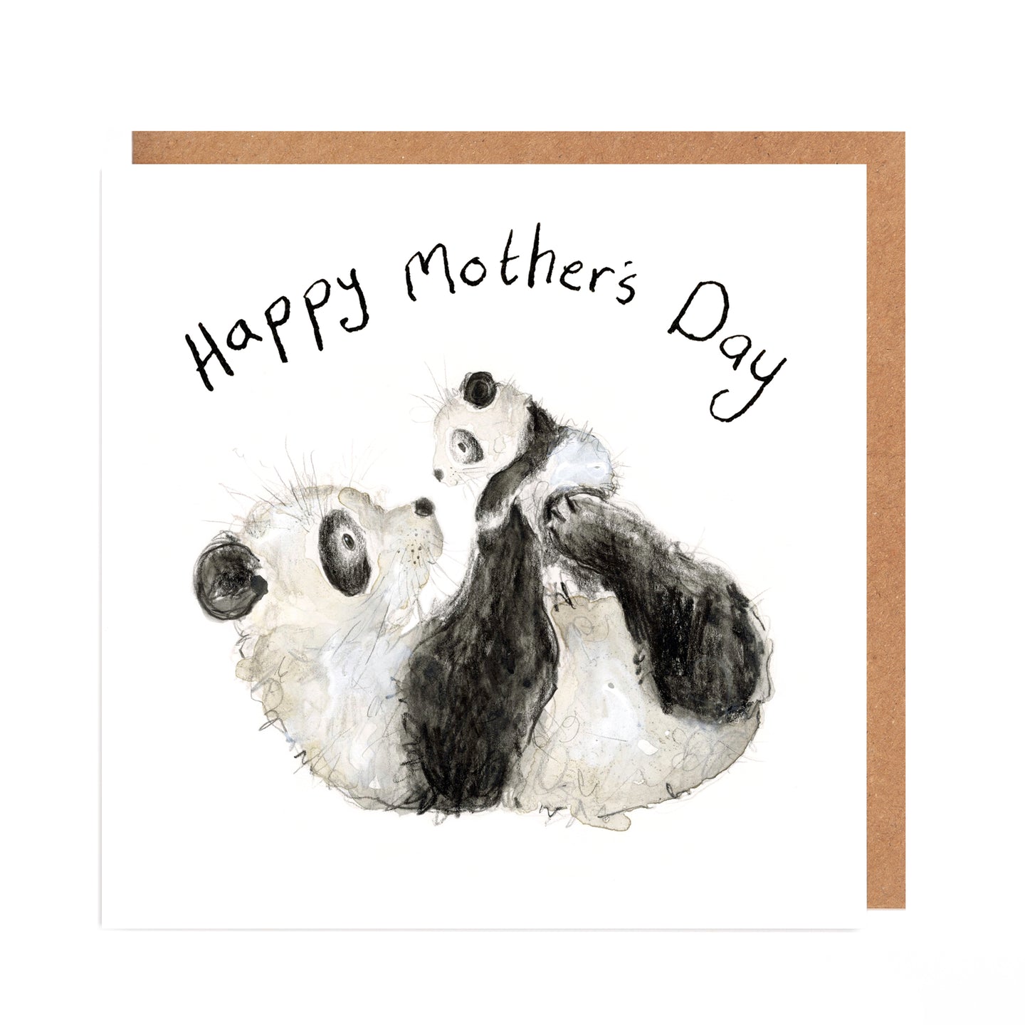 A Mother's Day card featuring a watercolour pencil illustration of a mummy panda holding a baby panda on her tummy, with a handwritten 'Happy Mother's Day' message in an arc above.