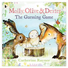 Load image into Gallery viewer, Front cover of the hardback edition of &#39;Molly, Olive and Dexter: The Guessing Game&#39; by Catherine Rayner. Featuring an illustration of a fox, an owl and a hare surrounded by green, yellow and blue foliage and oak leaves. 