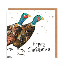 Load image into Gallery viewer, Square white Christmas card featuring watercolour and ink illustration of a pair of pheasants surrrounded by stars, and handwritten &#39;Happy Christmas!&#39; message.