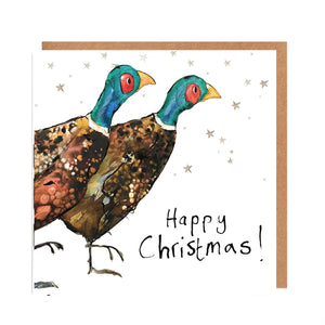 Square white Christmas card featuring watercolour and ink illustration of a pair of pheasants surrrounded by stars, and handwritten 'Happy Christmas!' message.