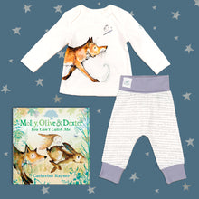 Load image into Gallery viewer, Baby gift set featuring a book from the Molly, Olive and Dexter series by Catherine Rayner, &#39;You Can&#39;t Catch Me!&#39; and a matching fox pyjama set laid on a midnight blue backdrop with silver stars. The pyjama set comprises a white long-sleeved top featuring an illustrated wraparound fox print and matching bottoms with purple cuffs.