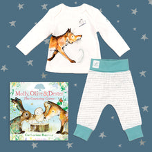 Load image into Gallery viewer, Baby gift set featuring a book from the Molly, Olive and Dexter series by Catherine Rayner, &#39;The Guessing Game&#39; and a matching fox pyjama set laid on a midnight blue backdrop with silver stars. The pyjama set comprises a white long-sleeved top featuring an illustrated wraparound fox print and matching bottoms with blue cuffs.