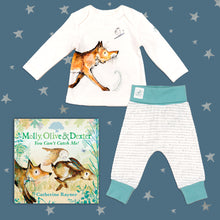 Load image into Gallery viewer, Baby gift set featuring a book from the Molly, Olive and Dexter series by Catherine Rayner, &#39;You Can&#39;t Catch Me!&#39; and a matching fox pyjama set laid on a midnight blue backdrop with silver stars. The pyjama set comprises a white long-sleeved top featuring an illustrated wraparound fox print and matching bottoms with blue cuffs.