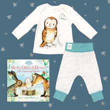 Load image into Gallery viewer, Baby gift set featuring a book from the Molly, Olive and Dexter series by Catherine Rayner, &#39;The Guessing Game&#39;, and a matching owl pyjama set laid on a midnight blue backdrop with silver stars. The pyjama set comprises a white long-sleeved top featuring an illustrated wraparound owl print and matching bottoms with blue cuffs.