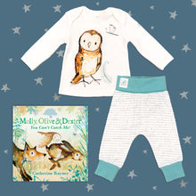 Load image into Gallery viewer, Baby gift set featuring a book from the Molly, Olive and Dexter series by Catherine Rayner, &#39;You Can&#39;t Catch Me&#39;, and a matching owl pyjama set laid on a midnight blue backdrop with silver stars. The pyjama set comprises a white long-sleeved top featuring an illustrated wraparound owl print and matching bottoms with blue cuffs.