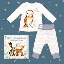 Load image into Gallery viewer, Baby gift set featuring a book from the Molly, Olive and Dexter series by Catherine Rayner, &#39;Three Best Friends&#39;, and a matching owl pyjama set laid on a midnight blue backdrop with silver stars. The pyjama set comprises a white long-sleeved top featuring an illustrated wraparound owl print and matching bottoms with purple cuffs.