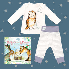 Load image into Gallery viewer, Baby gift set featuring a book from the Molly, Olive and Dexter series by Catherine Rayner, &#39;The Guessing Game&#39;, and a matching owl pyjama set laid on a midnight blue backdrop with silver stars. The pyjama set comprises a white long-sleeved top featuring an illustrated wraparound owl print and matching bottoms with purple cuffs.