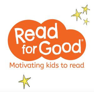 Logo for children's literacy charity Read for Good' featuring an orange cloud and yellow stars with the text 'motivating kids to read'. 