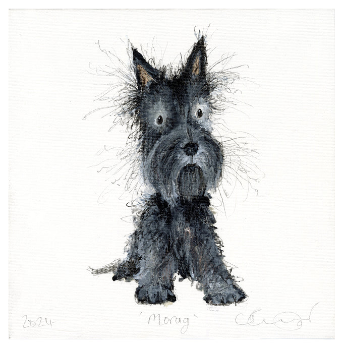 Black scottie dog original painting on a square canvas, signed and dated by Catherine Rayner 