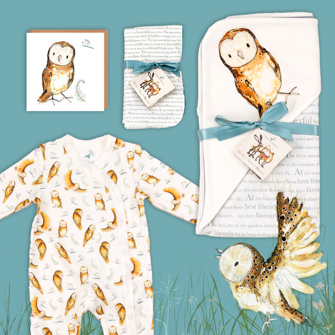 Baby Gift Hamper - Olive Owl Blanket, Babygrow and Dribble Cloths