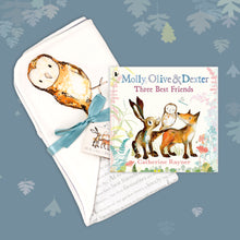 Load image into Gallery viewer, Baby gift set featuring a book from the Molly, Olive and Dexter series by Catherine Rayner, &#39;Three Best Friends&#39;, and a matching owl blanket laid on a dusty blue backdrop with pastel leaves. The blanket has a hood featuring Olive Owl and is wrapped with a turquoise ribbon. 