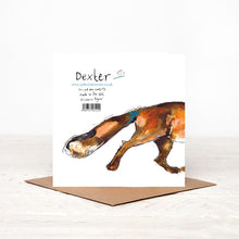 Load image into Gallery viewer, Square white greetings card stood on matching brown envelope, showing the reverse side of the card which features an illustrated Dexter Fox wraparound design. 