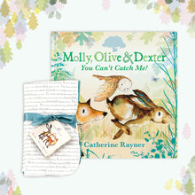 Load image into Gallery viewer, Book gift bundle featuring Catherine Rayner&#39;s &#39;Molly, Olive and Dexter: You Can&#39;t Catch Me!&#39; book and matching dribble cloths with exclusive story print. The cover shows Molly Hare, Dexter Fox and Olive Owl racing across the green and teal foliage. Both items are surrounded by pink, lilac and green oak leaves.