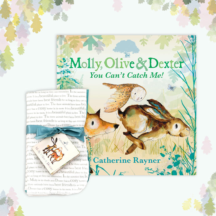 Book gift bundle featuring Catherine Rayner's 'Molly, Olive and Dexter: You Can't Catch Me!' book and matching dribble cloths with exclusive story print. The cover shows Molly Hare, Dexter Fox and Olive Owl racing across the green and teal foliage. Both items are surrounded by pink, lilac and green oak leaves.