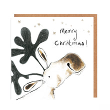 Load image into Gallery viewer, Flatlay of Christmas Card featuring a watercolour pencil illustration of Ernest the Moose surrounded by gold stars and a handwritten &#39;Merry Christmas!&#39; message. 