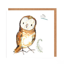 Load image into Gallery viewer, Square white greetings card featuring watercolour and pencil illustration of Olive owl alongside matching brown envelope. 