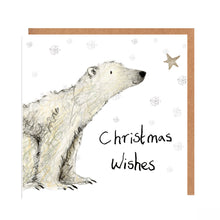 Load image into Gallery viewer, Square white Christmas card featuring watercolour and pencil illustration of a polar bear looking at a gold star, surrounded by snowflakes, and handwritten &#39;Christmas Wishes&#39; message.