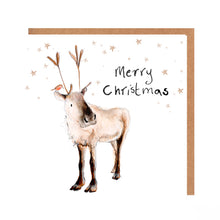 Load image into Gallery viewer, Square white Christmas card featuring watercolour and pencil illustration of a reindeer with a robin on his ear, surrounded by stars, and handwritten &#39;Merry Christmas&#39; message.