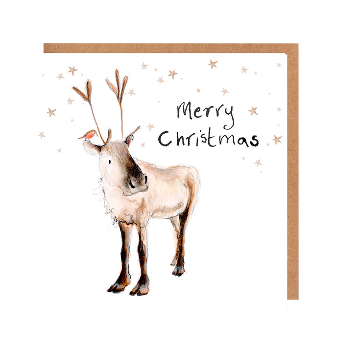 Square white Christmas card featuring watercolour and pencil illustration of a reindeer with a robin on his ear, surrounded by stars, and handwritten 'Merry Christmas' message.