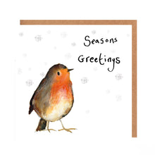 Load image into Gallery viewer, Square white Christmas card featuring watercolour and pencil illustration of a robin surrrounded by snowflakes, and handwritten &#39;Seasons Greetings&#39; message.