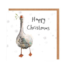 Load image into Gallery viewer, Square white Christmas card featuring watercolour and pencil illustration of a goose with mistletoe in her mouth, surrounded by snowflakes and handwritten &#39;Happy Christmas&#39; message.