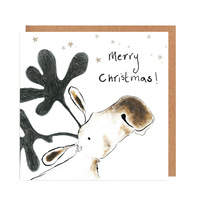 Flatlay of Christmas Card featuring a watercolour pencil illustration of Ernest the Moose surrounded by gold stars and a handwritten 'Merry Christmas!' message. 