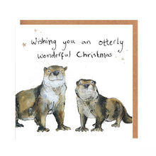 Load image into Gallery viewer, Square white Christmas Card featuring illustrated otters underneath the pun message &#39;Wishing you an otterly wonderful Christmas&#39;