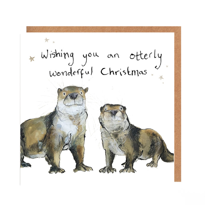 Square white Christmas Card featuring illustrated otters underneath the pun message 'Wishing you an otterly wonderful Christmas'