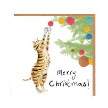 Load image into Gallery viewer, Square white Christmas card featuring watercolour and pencil illustration of a kitten reaching for a bauble on a Christmas tree and handwritten &#39;Merry Christmas&#39; message.