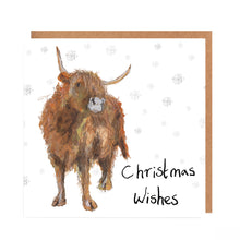 Load image into Gallery viewer, Square white Christmas card featuring watercolour and pencil illustration of a highland cow surrounded by snowflakes and a handwritten &#39;Christmas Wishes&#39; message.