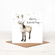 Load image into Gallery viewer, Square illustrated reindeer Christmas card stood on matching brown craft envelope. 