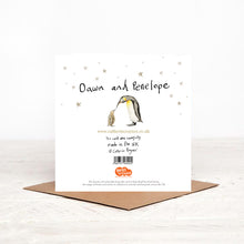 Load image into Gallery viewer, The reverse side of Dawn and Penelope Penguins Christmas card, featuring handwritten names and details of Christmas charity partner Read for Good. 