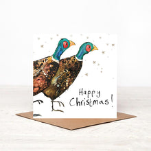 Load image into Gallery viewer, Illustrated pheasants Christmas card stood on matching square brown envelope. 