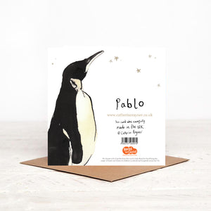 The reverse side of Pablo Penguin Christmas card, featuring a penguin illustration and details of charity Christmas partner Read for Good. 