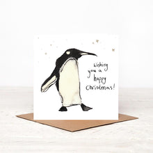 Load image into Gallery viewer, Square illustrated penguin Christmas card stood on matching brown craft envelope. 