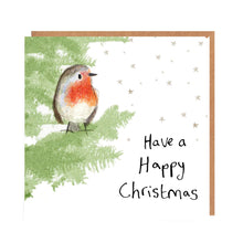 Load image into Gallery viewer, John the Robin Christmas card featuring watercolour and pencil illustration of a Robin sitting in the branches of a christmas tree, surrrounded by stars, and handwritten &#39;Have a Happy Christmas&#39; message.