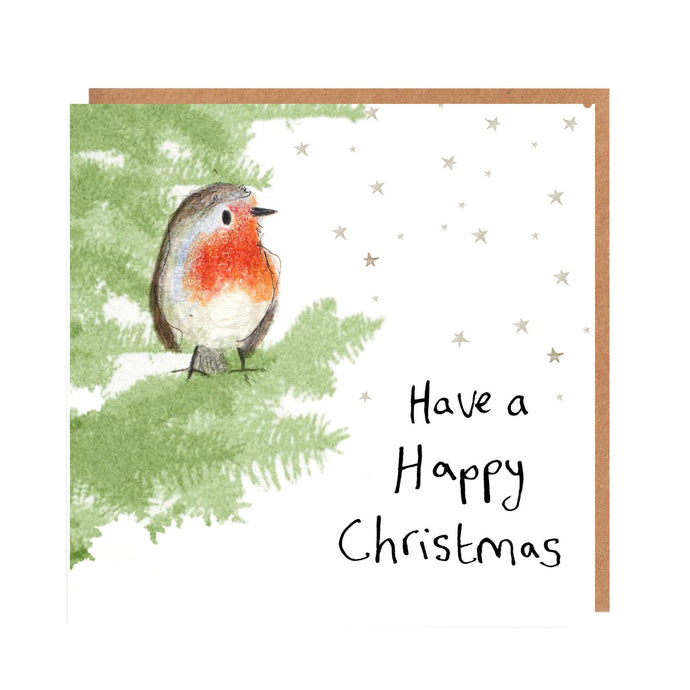 John the Robin Christmas card featuring watercolour and pencil illustration of a Robin sitting in the branches of a christmas tree, surrrounded by stars, and handwritten 'Have a Happy Christmas' message.